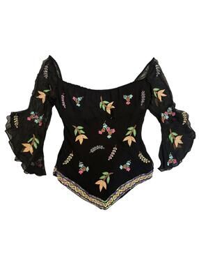 Vintage 100% Silk Embroidered Fairycore Handkerchief Hem Top Medium